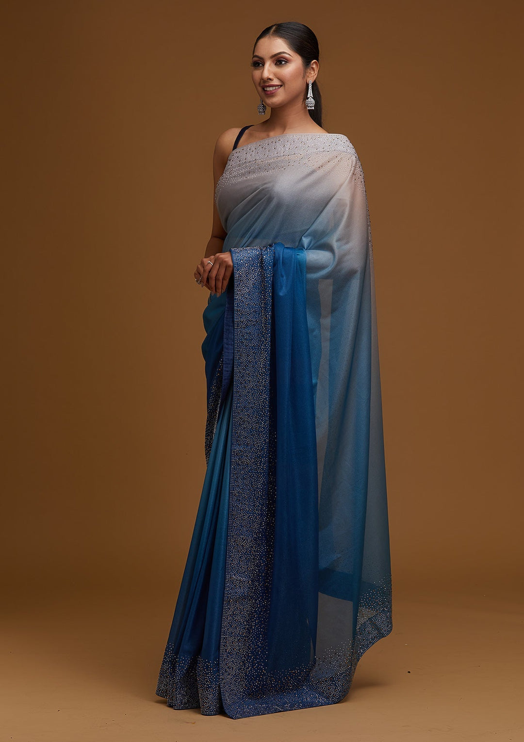 Peacock Blue Swarovski Tissue Designer Saree - Koskii
