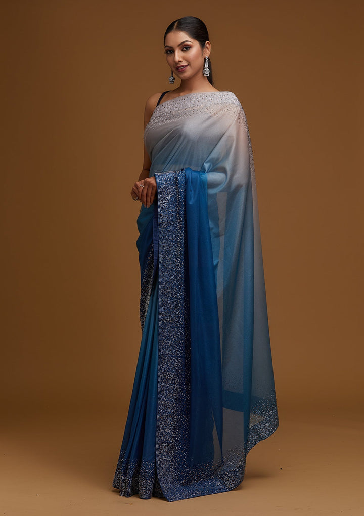 Peacock Blue Swarovski Tissue Designer Saree - Koskii
