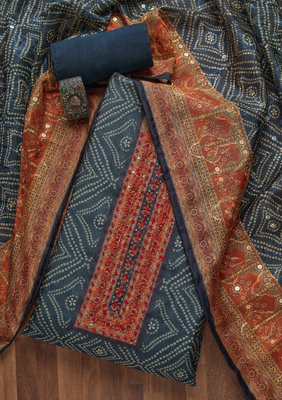 Peacock Blue Threadwork Chanderi Unstitched Salwar Suit- Koskii