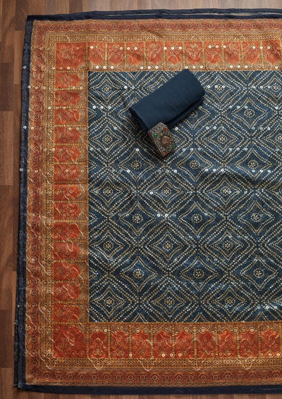 Peacock Blue Threadwork Chanderi Unstitched Salwar Suit - Koskii