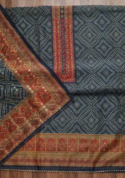 Peacock Blue Threadwork Chanderi Unstitched Salwar Suit - Koskii