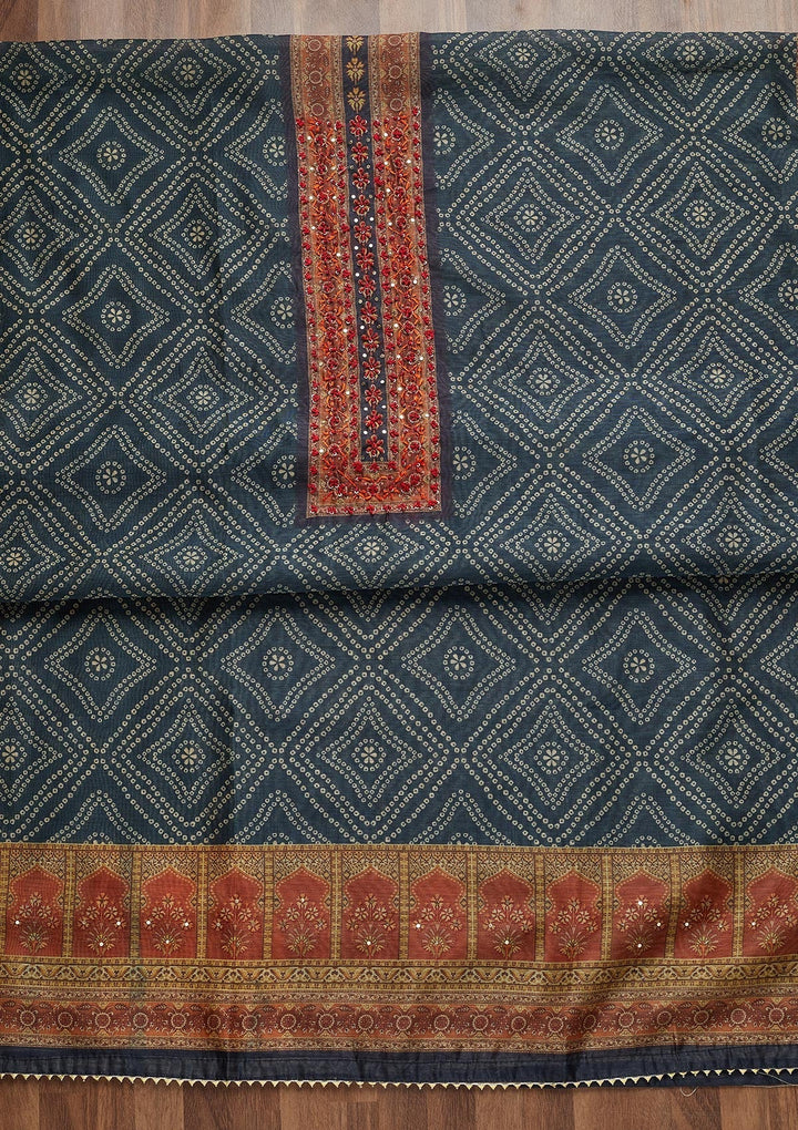 Peacock Blue Threadwork Chanderi Unstitched Salwar Suit - Koskii