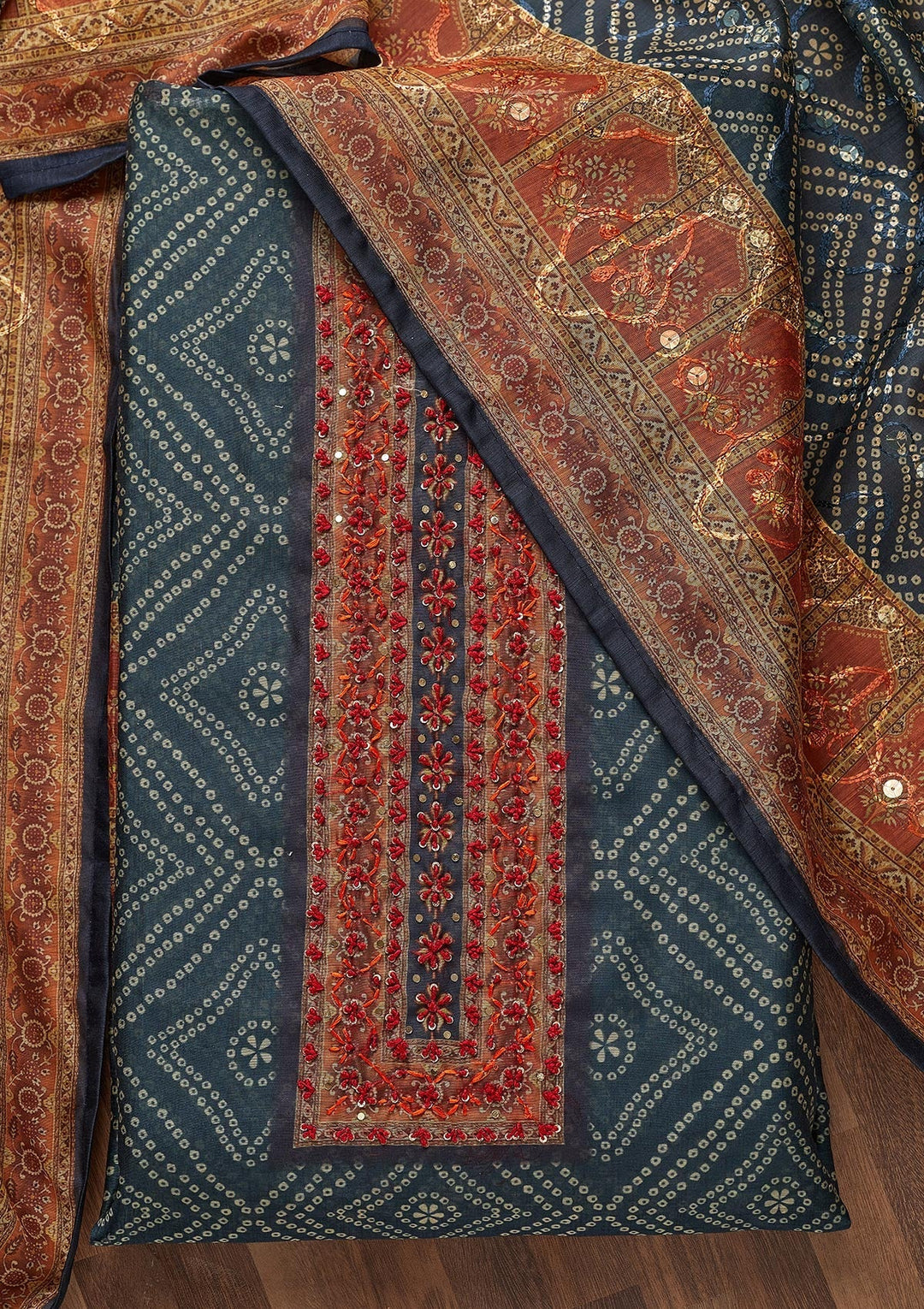 Peacock Blue Threadwork Chanderi Unstitched Salwar Suit - Koskii