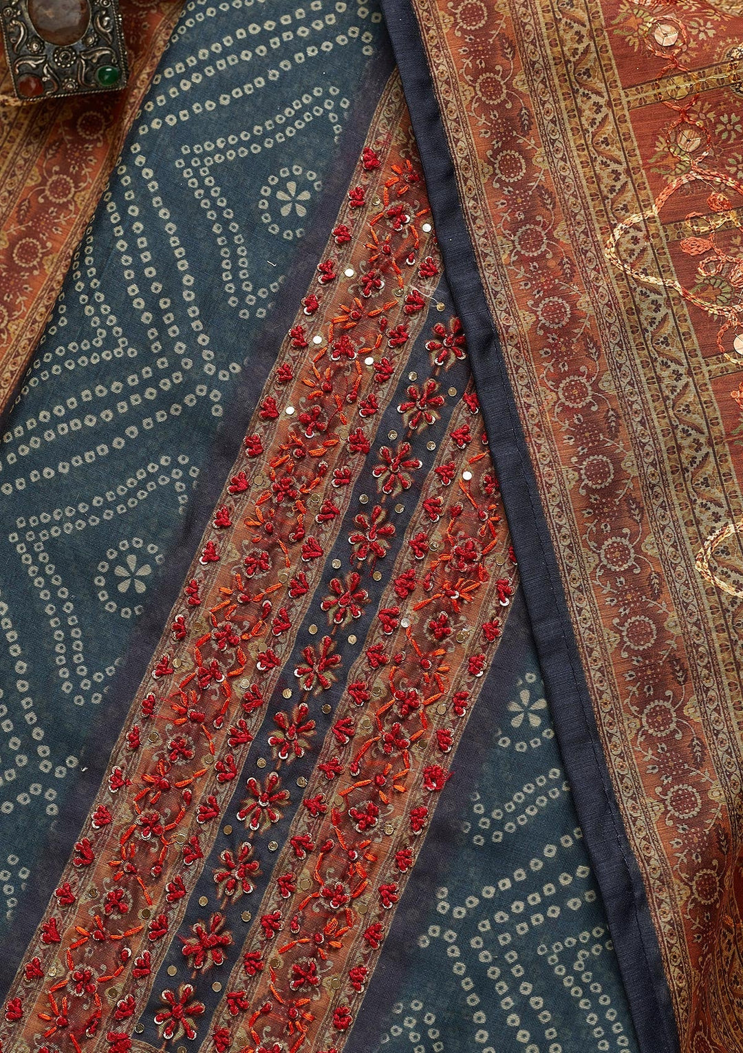 Peacock Blue Threadwork Chanderi Unstitched Salwar Suit - Koskii