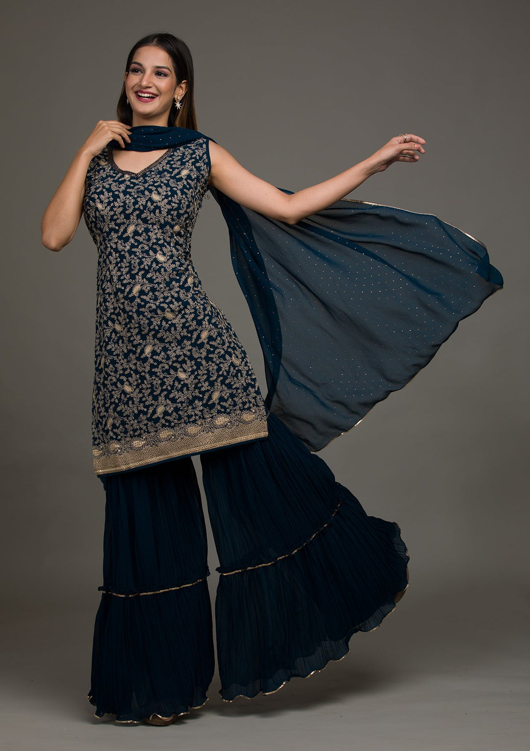 Peacock Blue Threadwork Georgette Salwar Suit-koskii