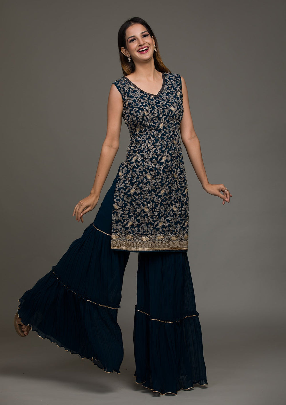 Peacock Blue Threadwork Georgette Salwar Suit-koskii