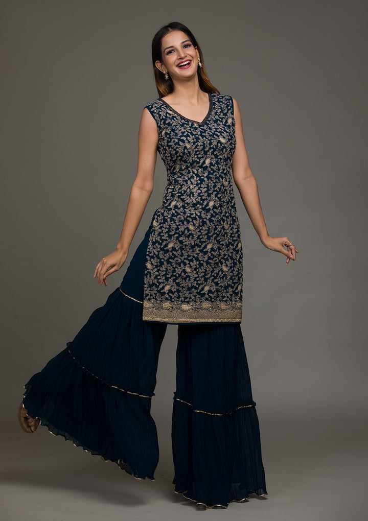 Peacock Blue Threadwork Georgette Salwar Suit-koskii