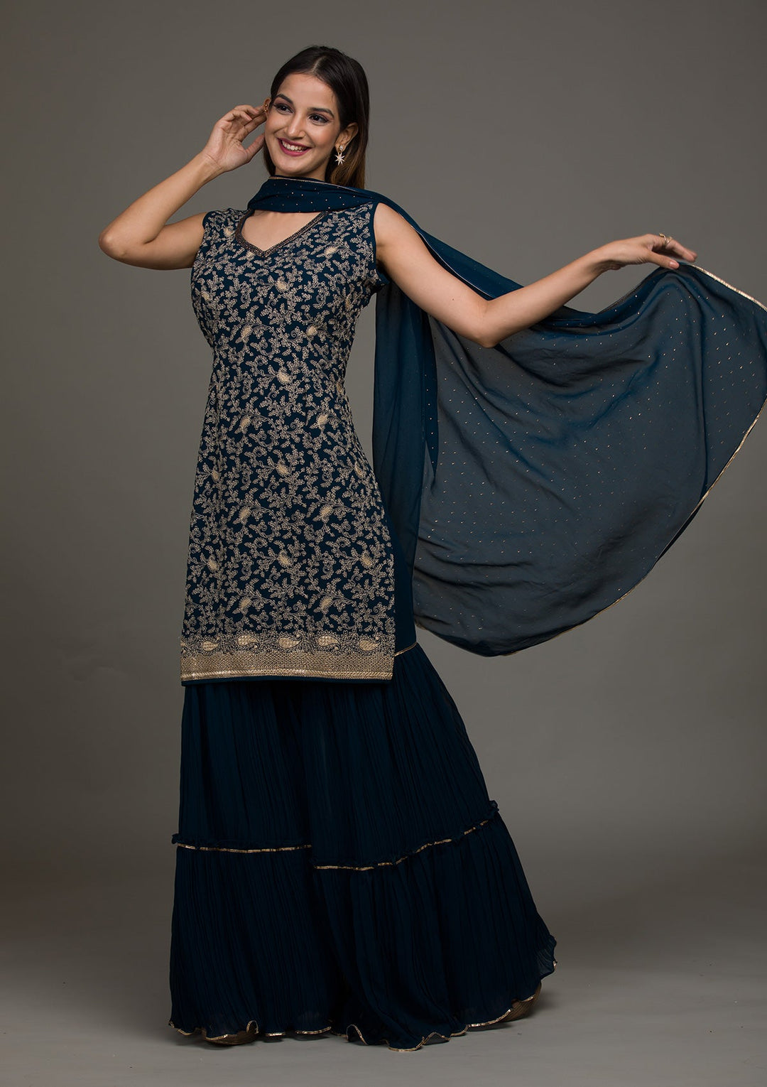 Peacock Blue Threadwork Georgette Salwar Suit-koskii