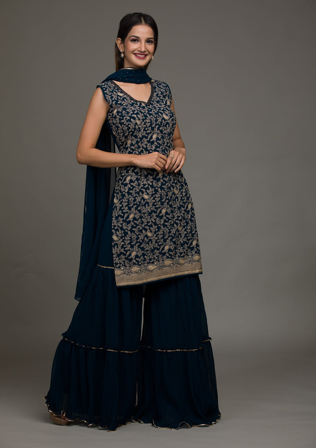 Peacock Blue Threadwork Georgette Salwar Suit-koskii