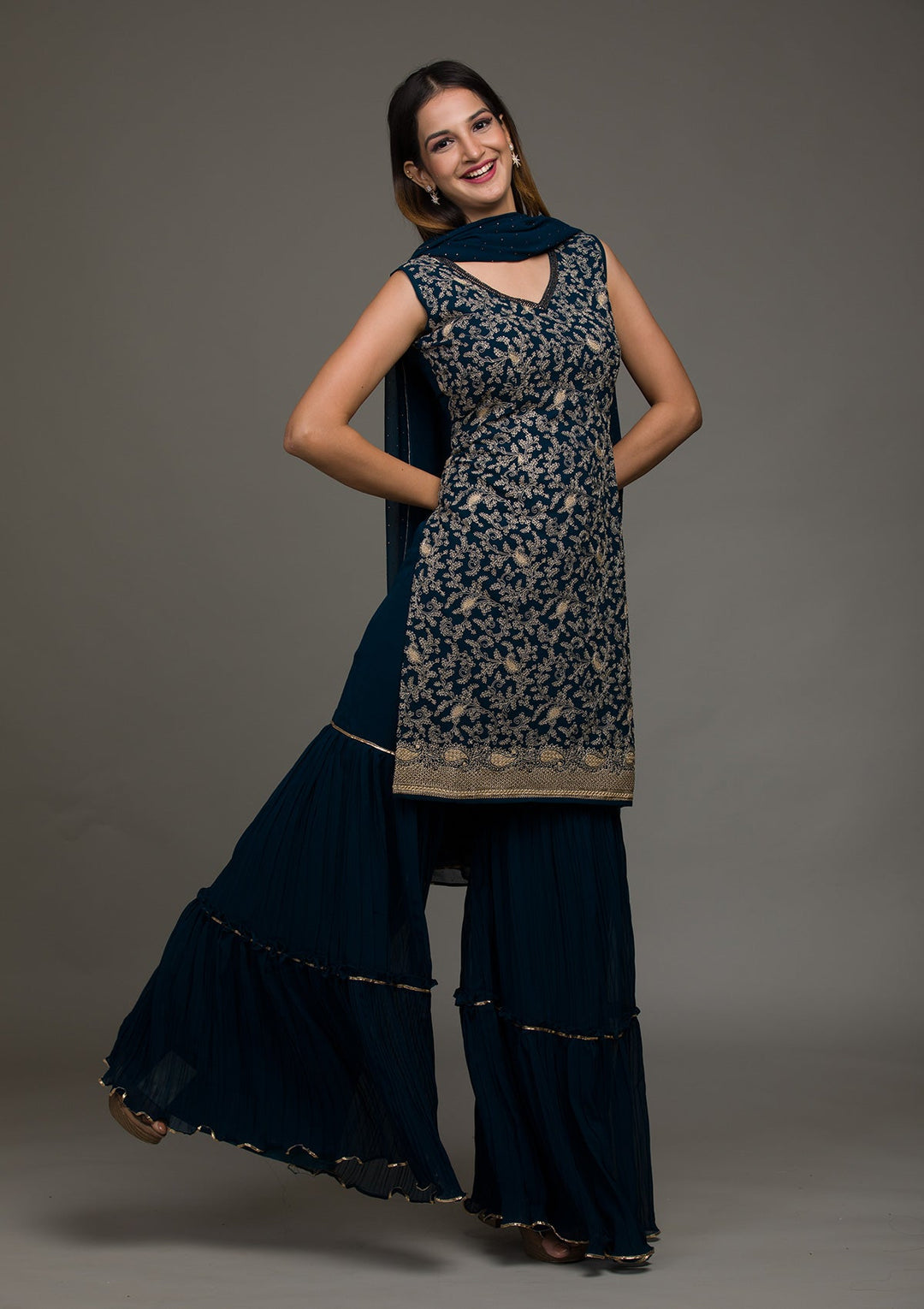 Peacock Blue Threadwork Georgette Salwar Suit-koskii