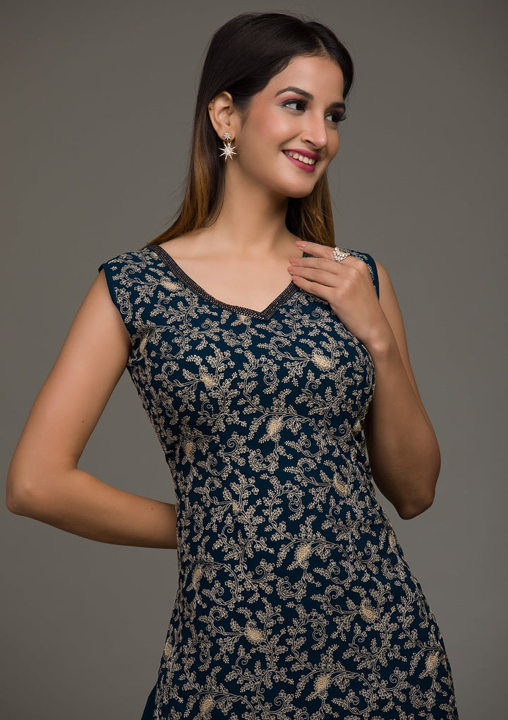 Peacock Blue Threadwork Georgette Salwar Suit-koskii