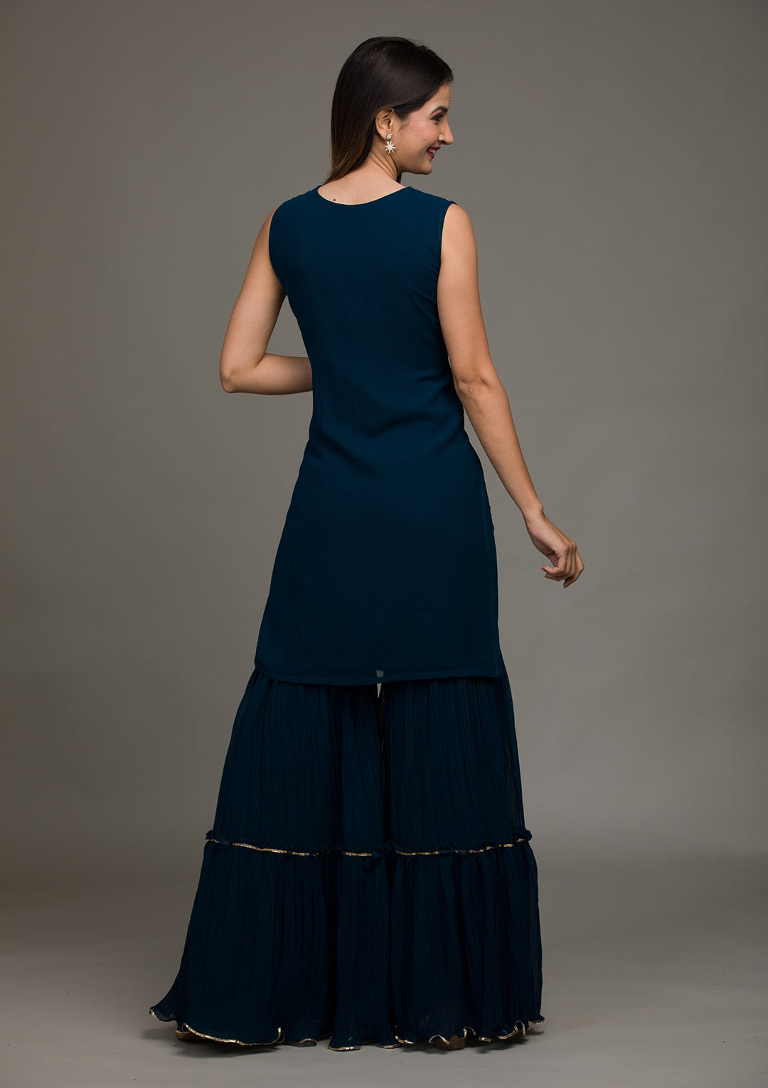 Peacock Blue Threadwork Georgette Salwar Suit-koskii