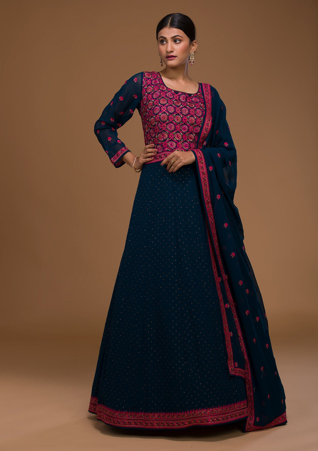 Peacock Blue Threadwork Georgette Designer Salwar Suit-Koskii