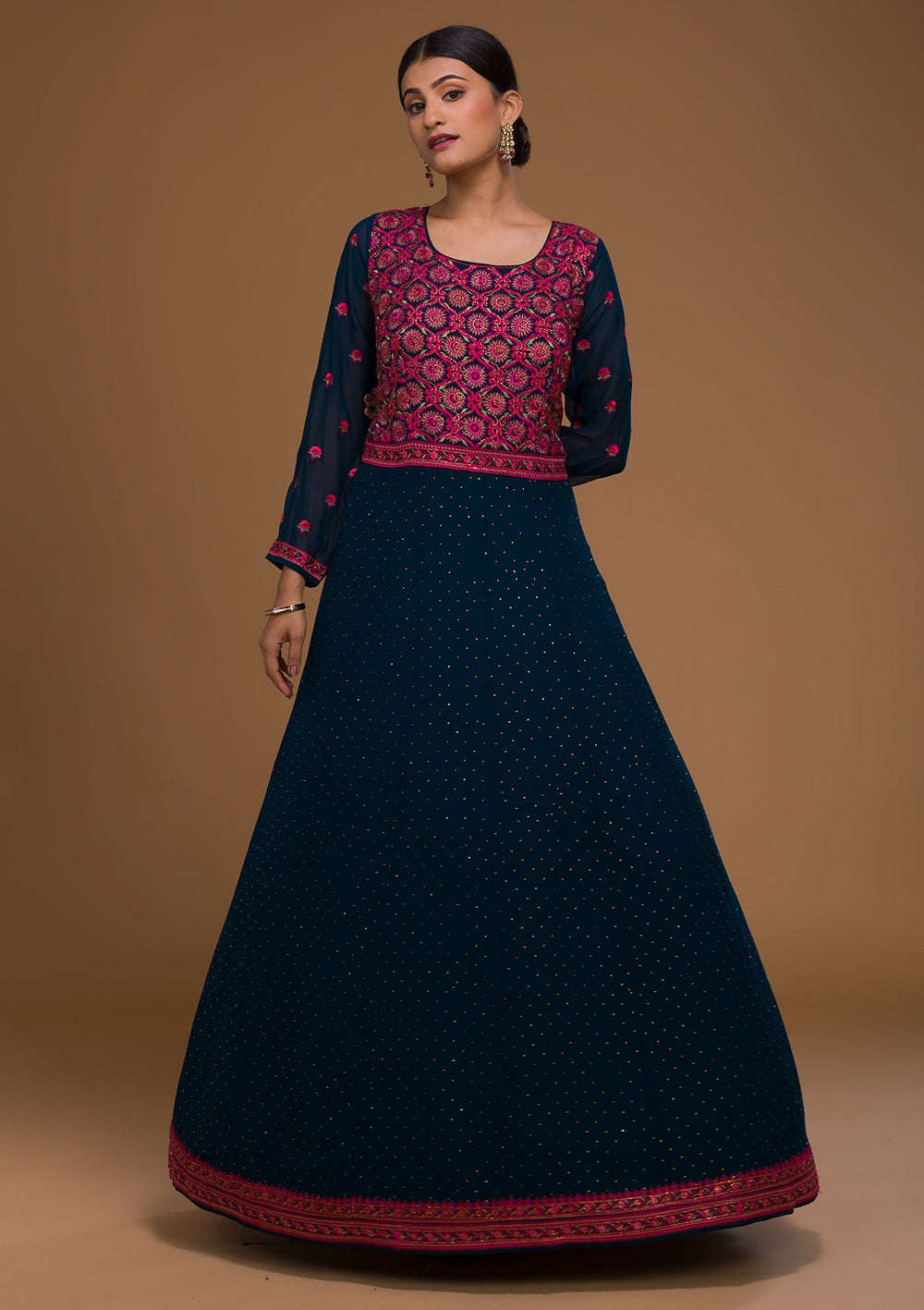 Peacock Blue Threadwork Georgette Designer Salwar Suit-Koskii