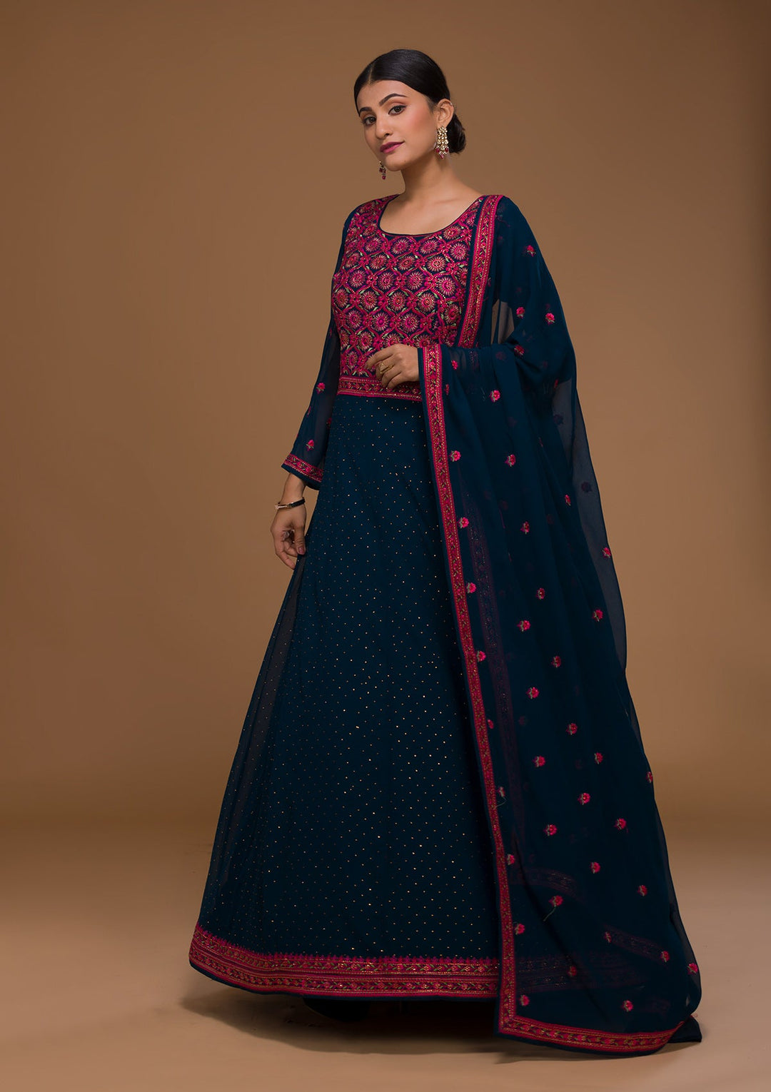 Peacock Blue Threadwork Georgette Designer Salwar Suit-Koskii