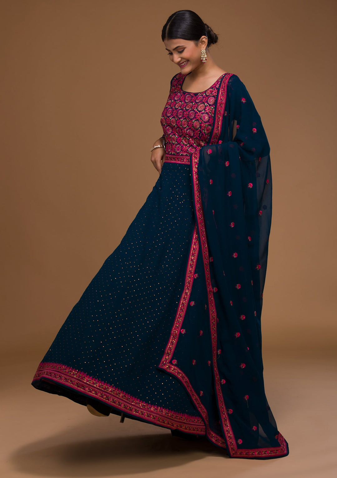 Peacock Blue Threadwork Georgette Designer Salwar Suit-Koskii