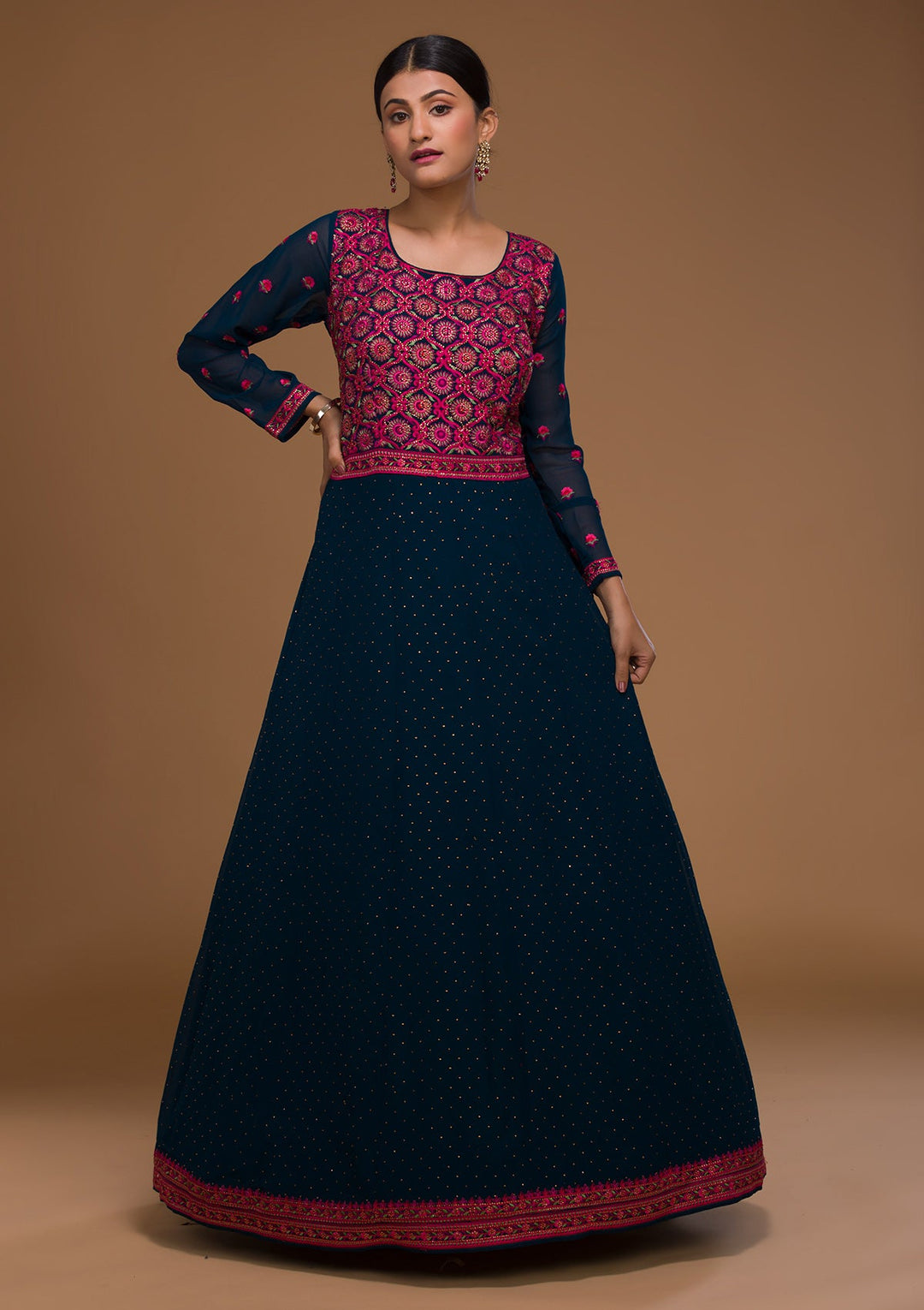 Peacock Blue Threadwork Georgette Designer Salwar Suit-Koskii