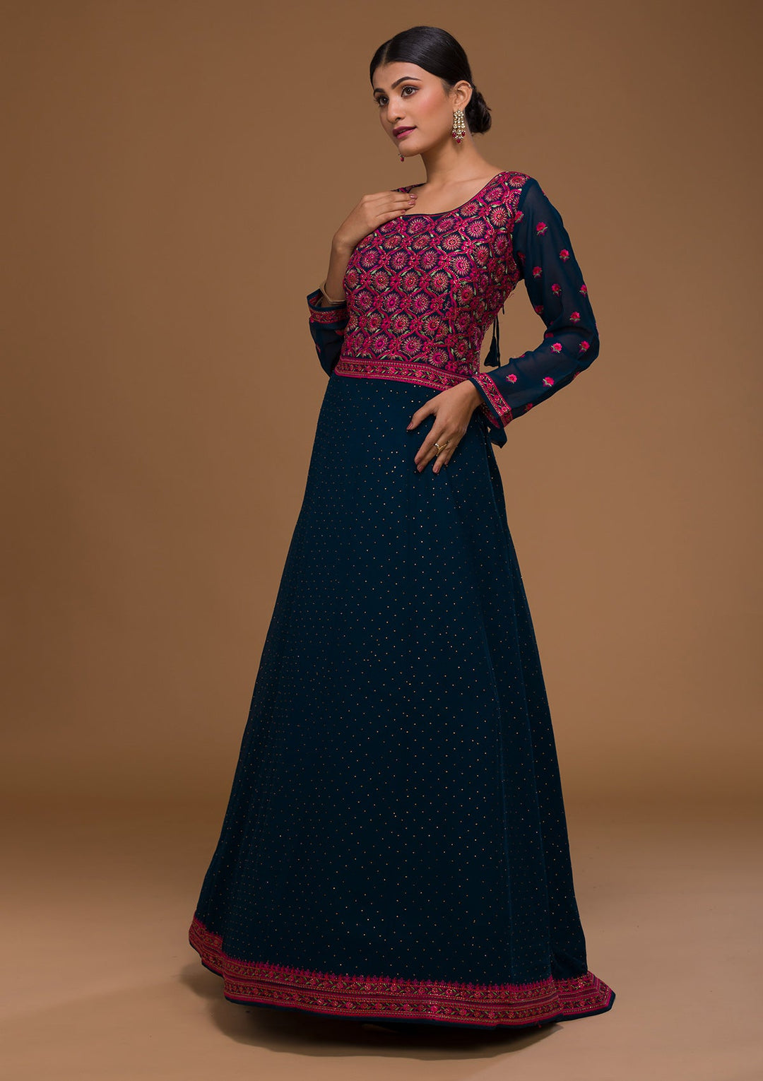 Peacock Blue Threadwork Georgette Designer Salwar Suit-Koskii