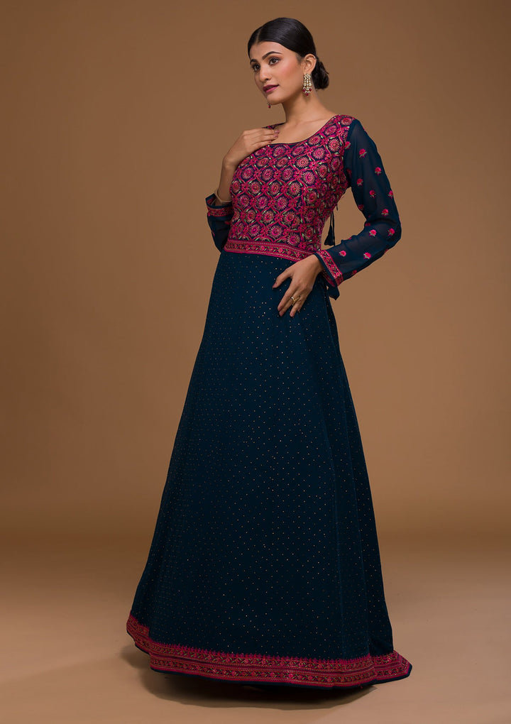 Peacock Blue Threadwork Georgette Designer Salwar Suit-Koskii