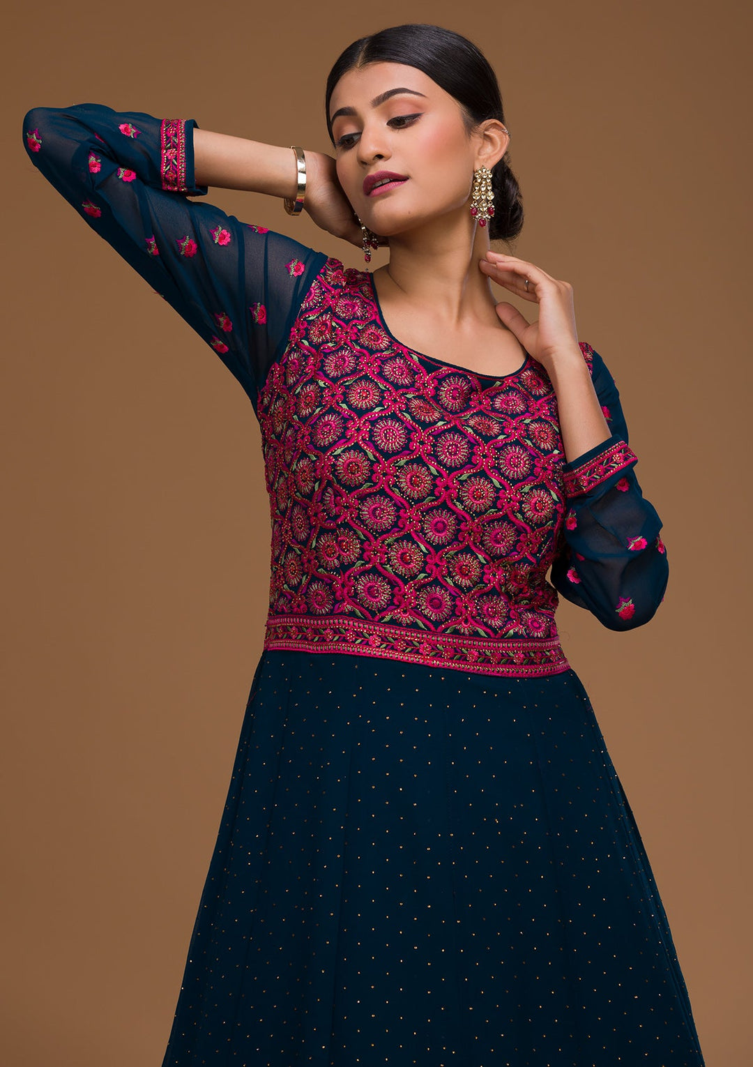 Peacock Blue Threadwork Georgette Designer Salwar Suit-Koskii