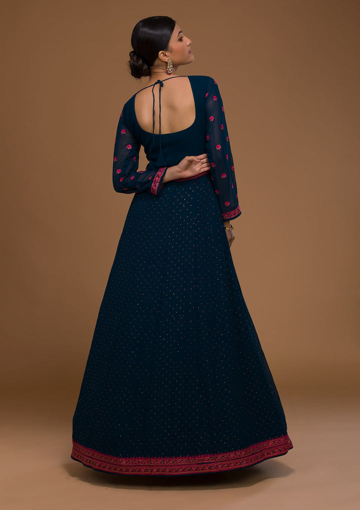 Peacock Blue Threadwork Georgette Designer Salwar Suit-Koskii