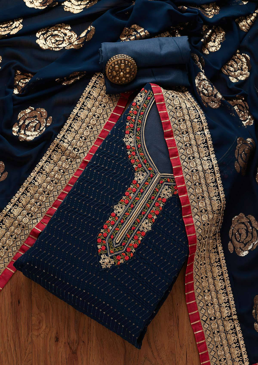 Peacock Blue Threadwork Georgette Semi-Stitched Salwar Suit - Koskii