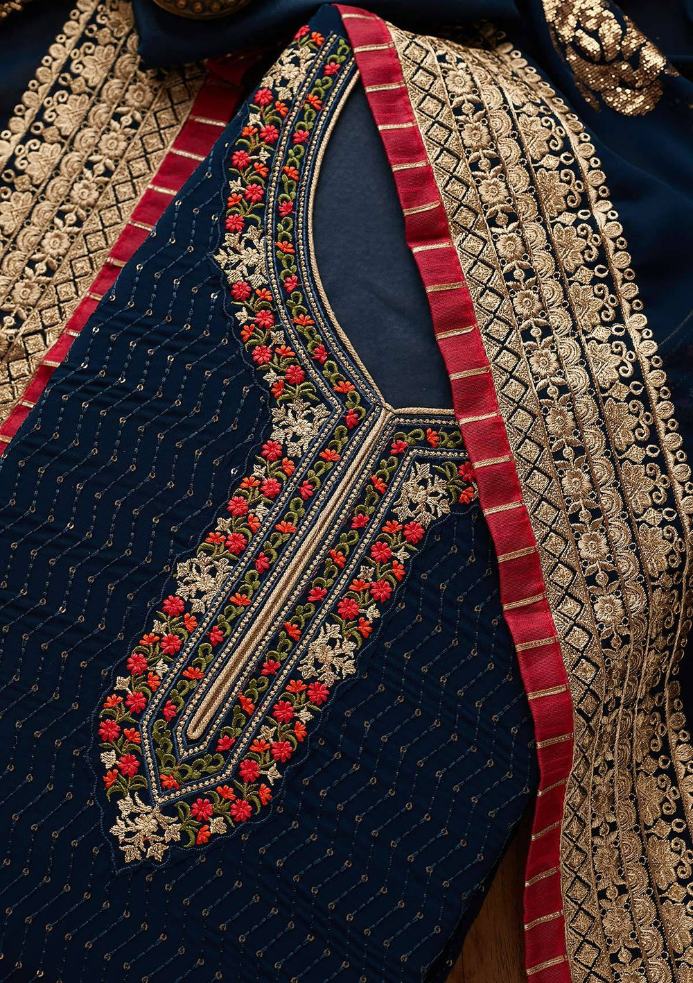 Peacock Blue Threadwork Georgette Semi-Stitched Salwar Suit - Koskii