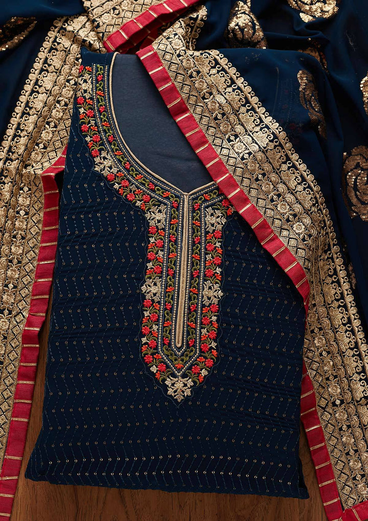 Peacock Blue Threadwork Georgette Semi-Stitched Salwar Suit - Koskii