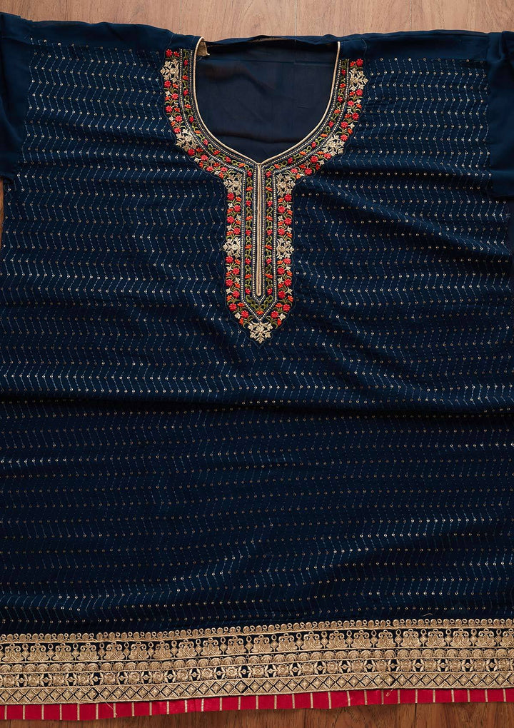 Peacock Blue Threadwork Georgette Semi-Stitched Salwar Suit - Koskii