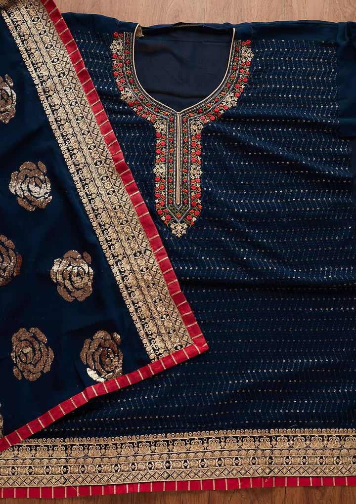 Peacock Blue Threadwork Georgette Semi-Stitched Salwar Suit - Koskii