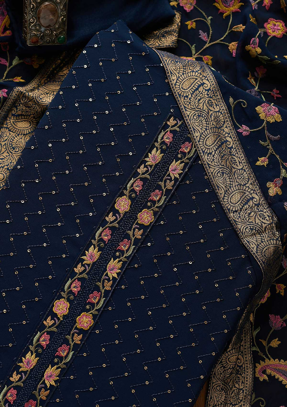 Peacock Blue Threadwork Georgette Designer Unstitched Salwar Suit - koskii
