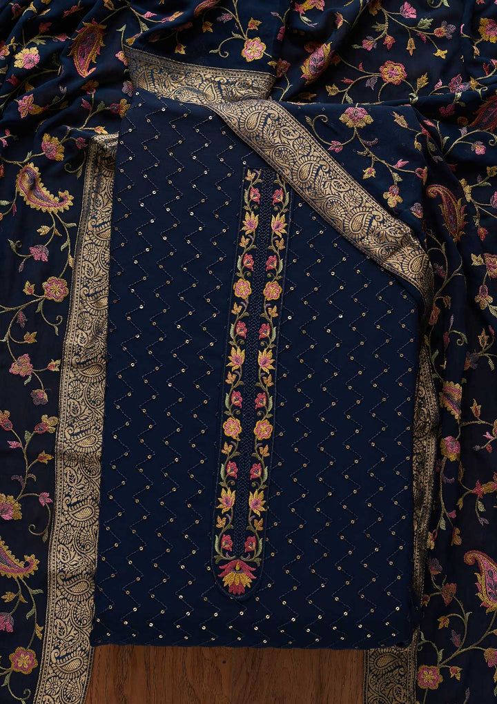Peacock Blue Threadwork Georgette Designer Unstitched Salwar Suit - koskii