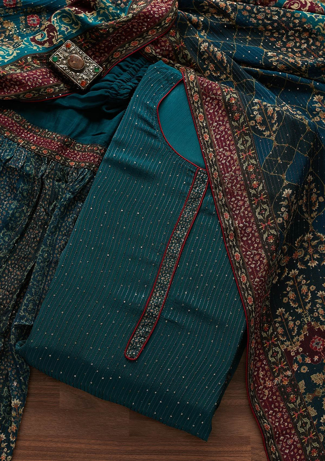Peacock Blue Threadwork Georgette Semi-Stitched Salwar Suit - Koskii