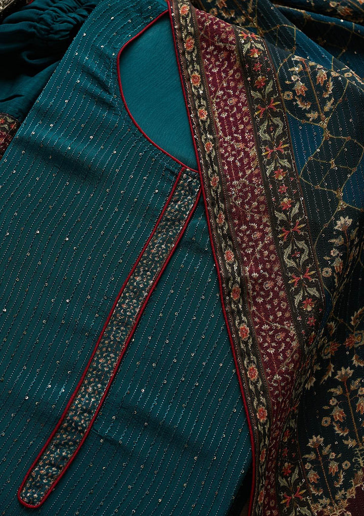 Peacock Blue Threadwork Georgette Semi-Stitched Salwar Suit - Koskii