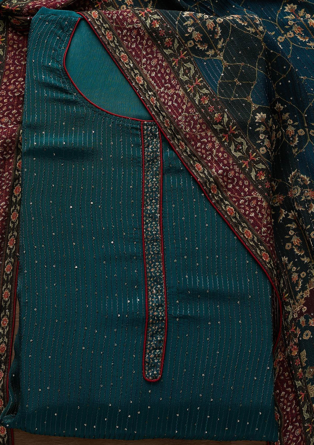 Peacock Blue Threadwork Georgette Semi-Stitched Salwar Suit - Koskii