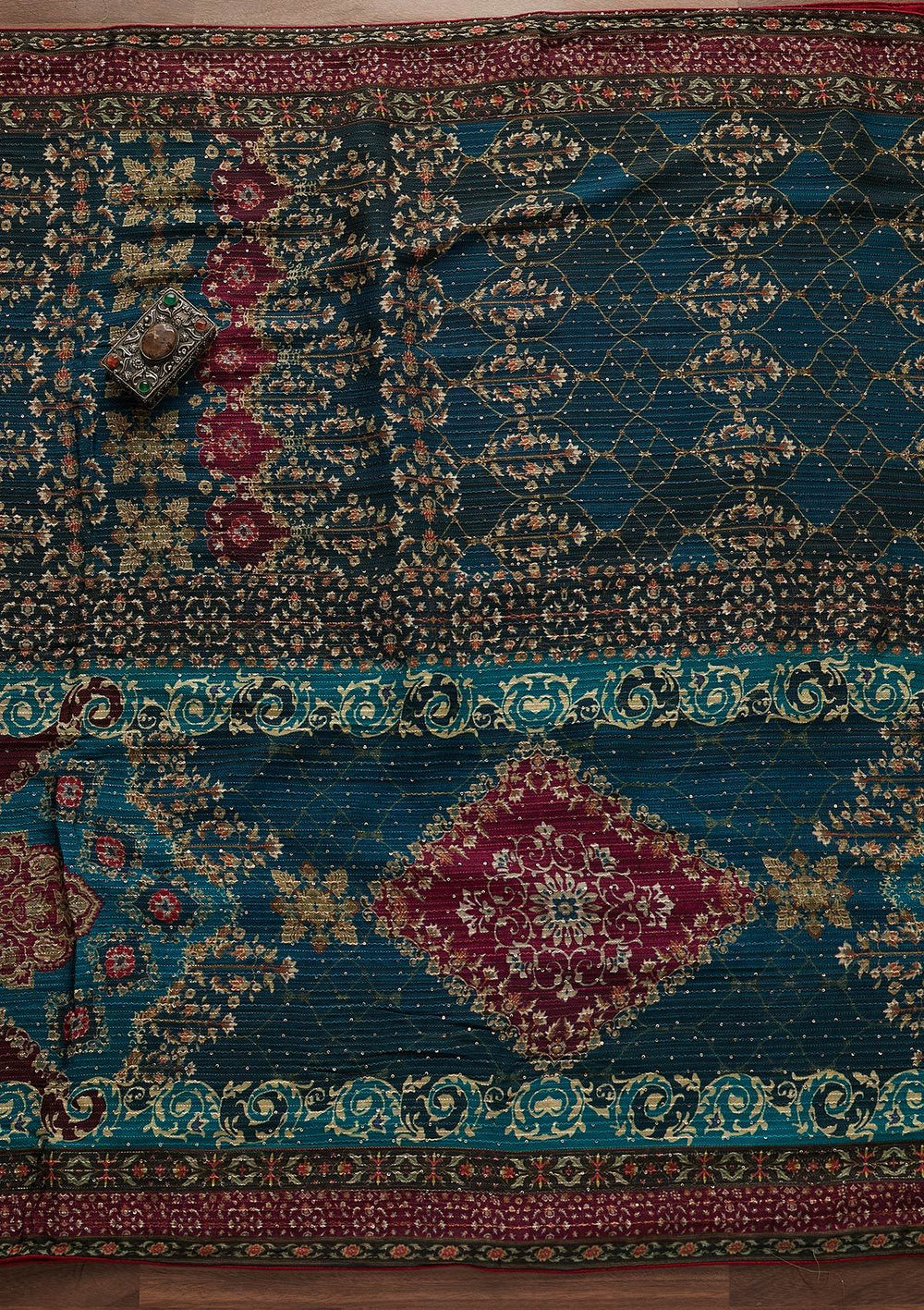 Peacock Blue Threadwork Georgette Semi-Stitched Salwar Suit - Koskii