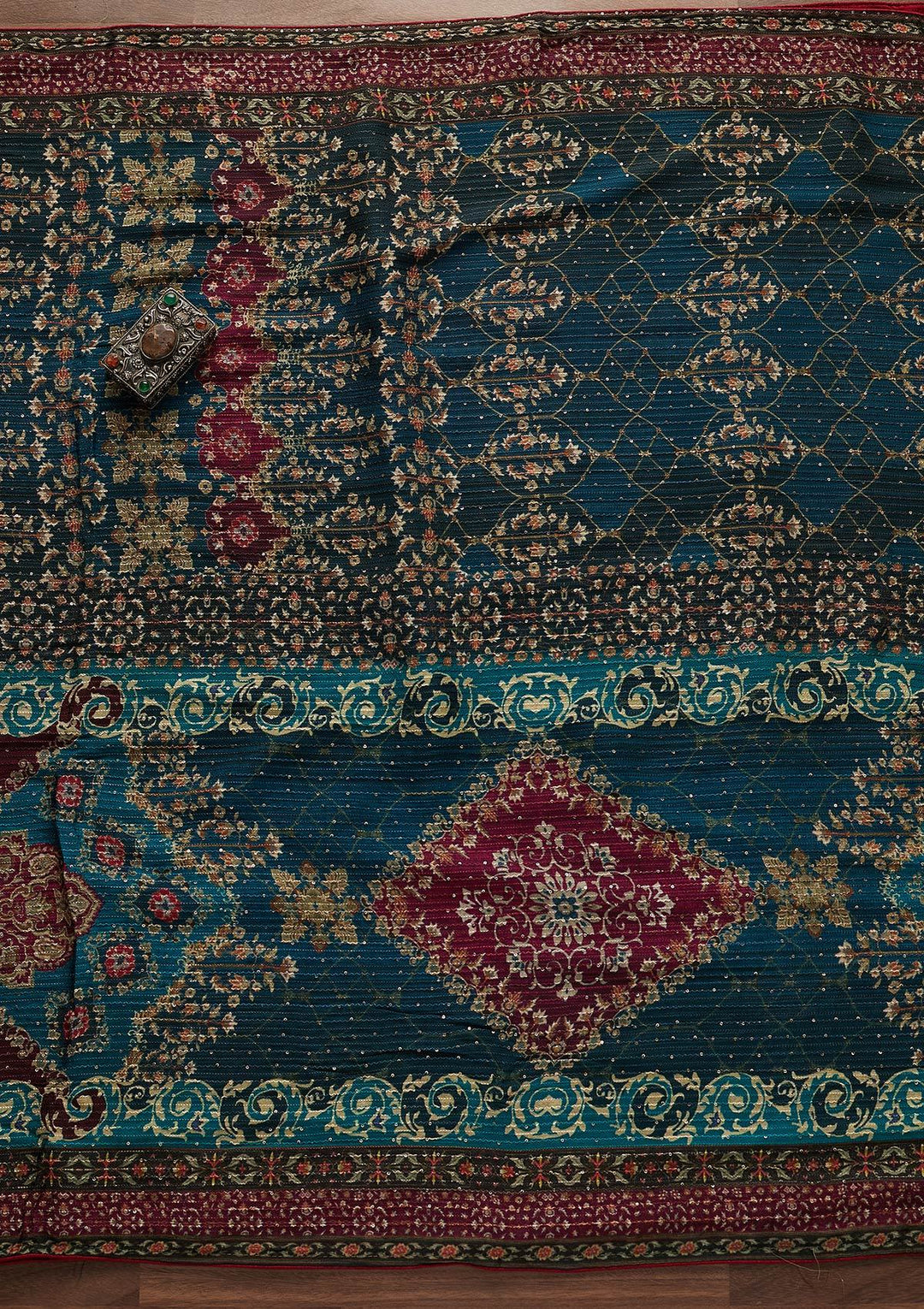 Peacock Blue Threadwork Georgette Semi-Stitched Salwar Suit - Koskii