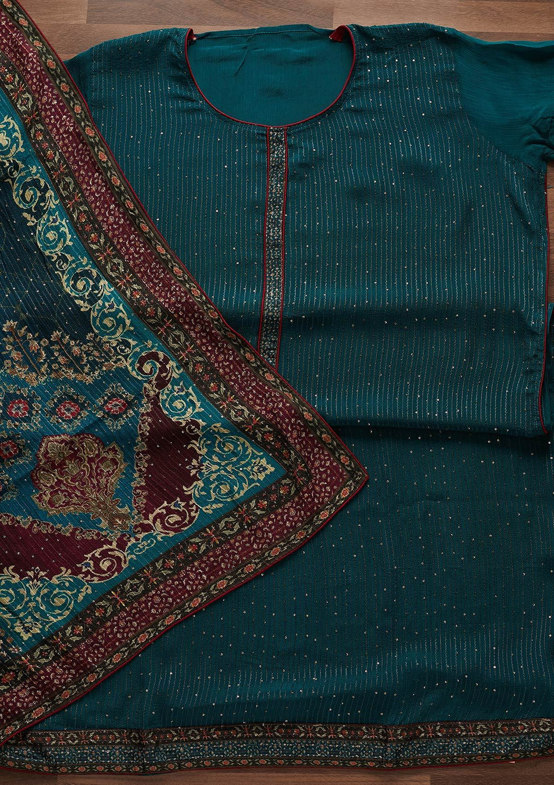 Peacock Blue Threadwork Georgette Semi-Stitched Salwar Suit - Koskii