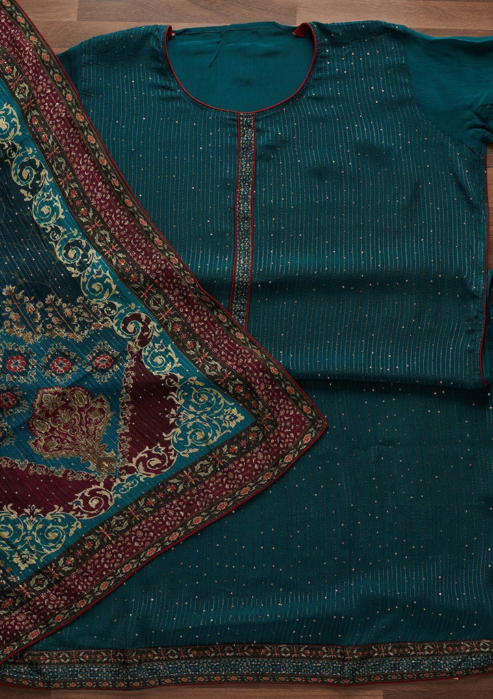 Peacock Blue Threadwork Georgette Semi-Stitched Salwar Suit - Koskii