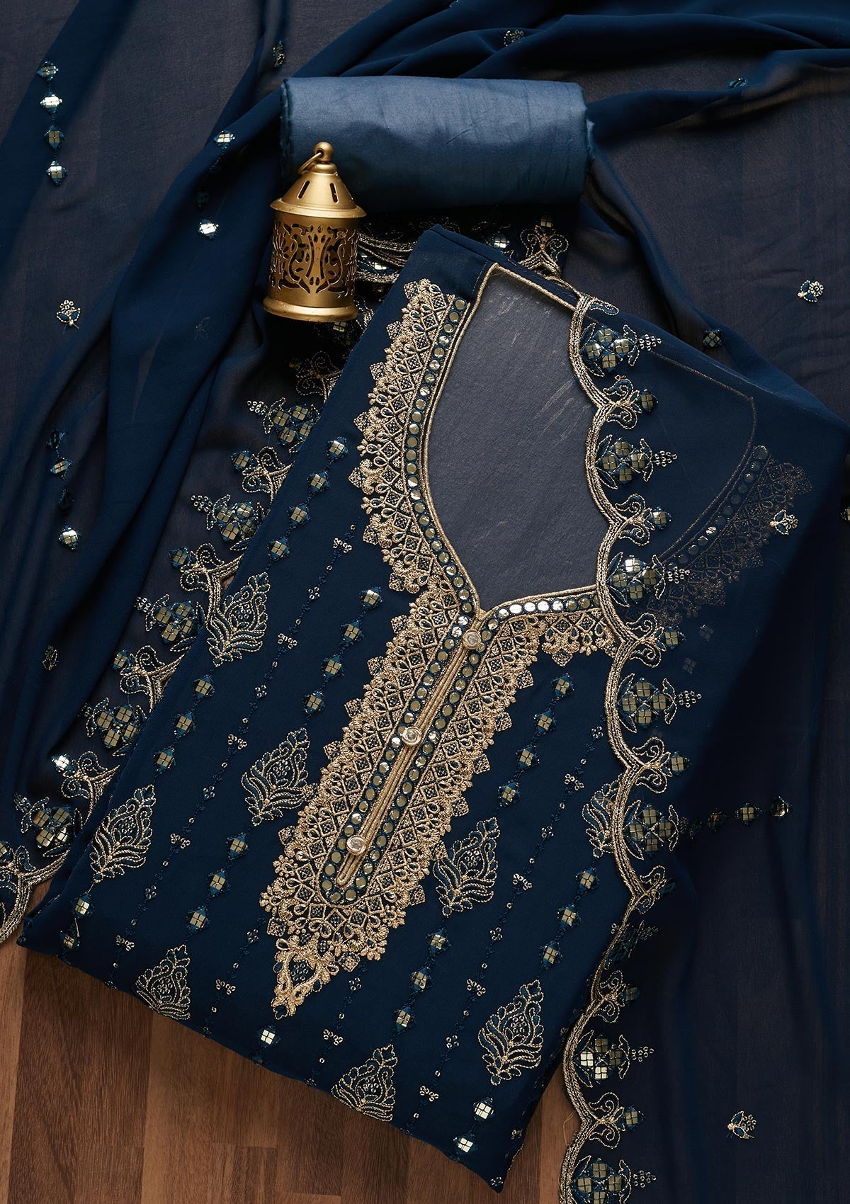 Peacock Blue Threadwork Georgette Unstitched Salwar Suit-Koskii