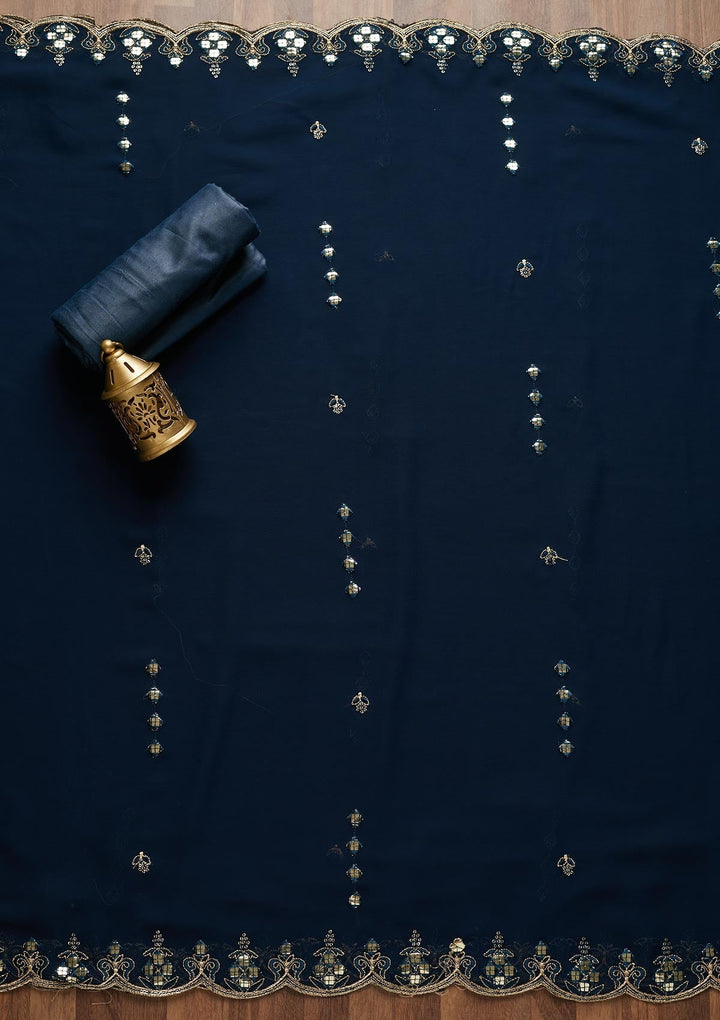 Peacock Blue Threadwork Georgette Unstitched Salwar Suit-Koskii