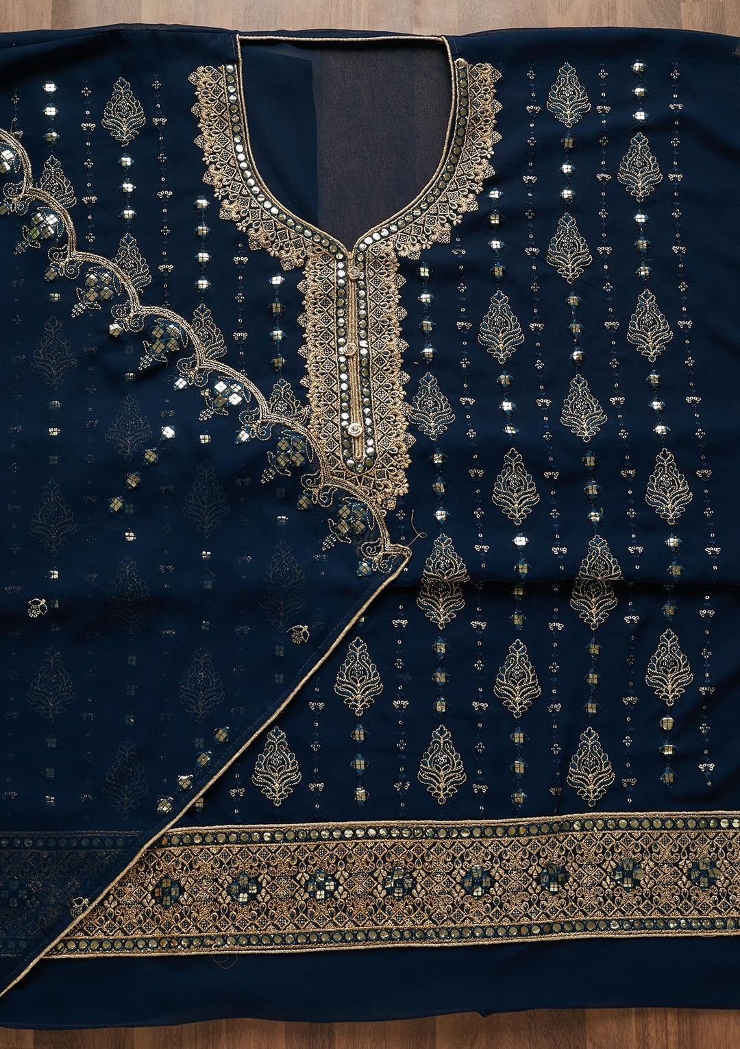Peacock Blue Threadwork Georgette Unstitched Salwar Suit-Koskii