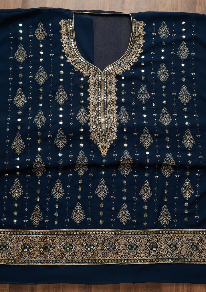 Peacock Blue Threadwork Georgette Unstitched Salwar Suit-Koskii