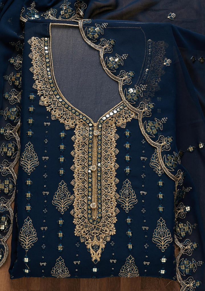 Peacock Blue Threadwork Georgette Unstitched Salwar Suit-Koskii