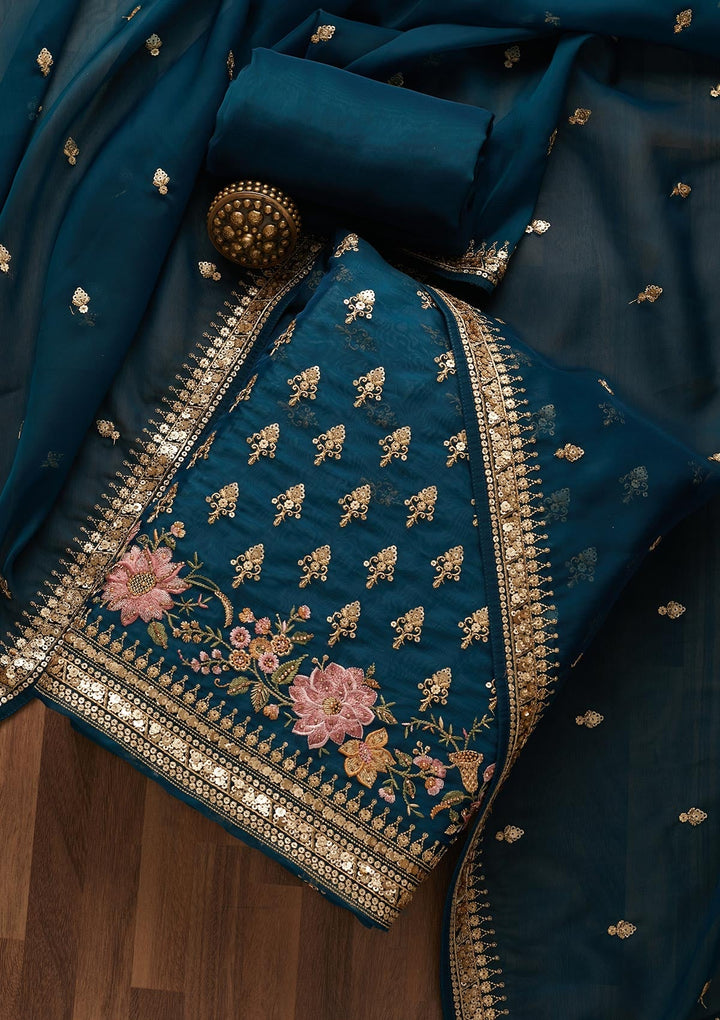 Peacock Blue Threadwork Georgette Unstitched Salwar Suit-Koskii