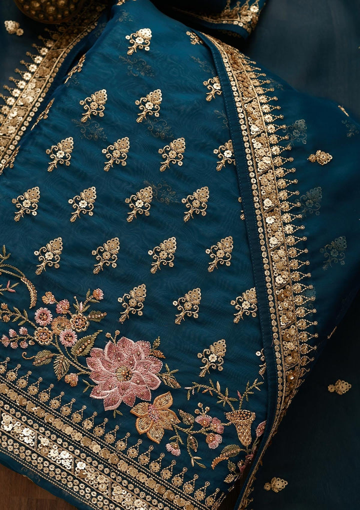 Peacock Blue Threadwork Georgette Unstitched Salwar Suit-Koskii