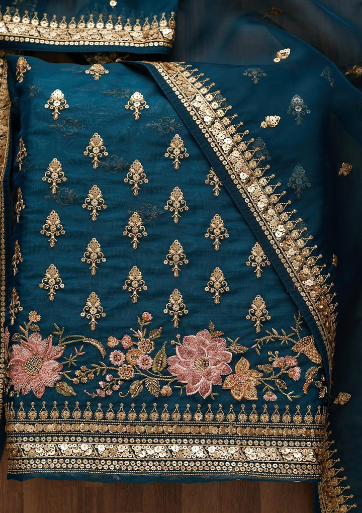 Peacock Blue Threadwork Georgette Unstitched Salwar Suit-Koskii