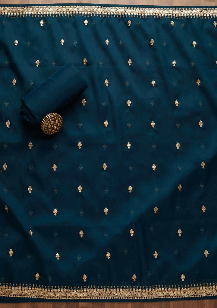 Peacock Blue Threadwork Georgette Unstitched Salwar Suit-Koskii