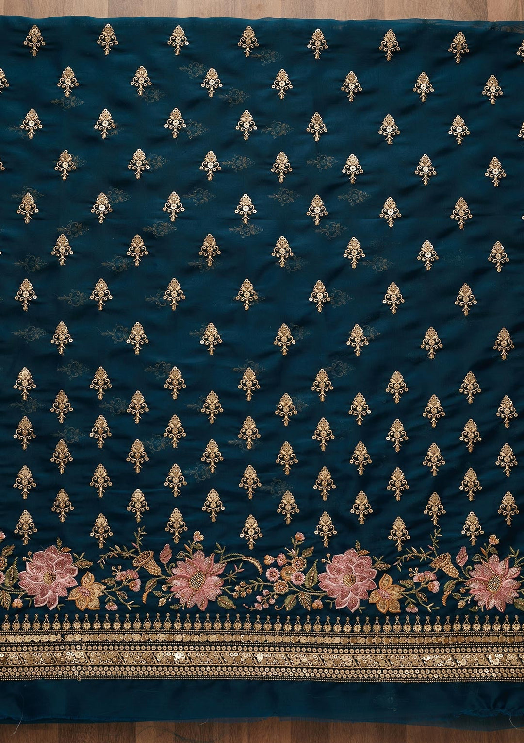 Peacock Blue Threadwork Georgette Unstitched Salwar Suit-Koskii