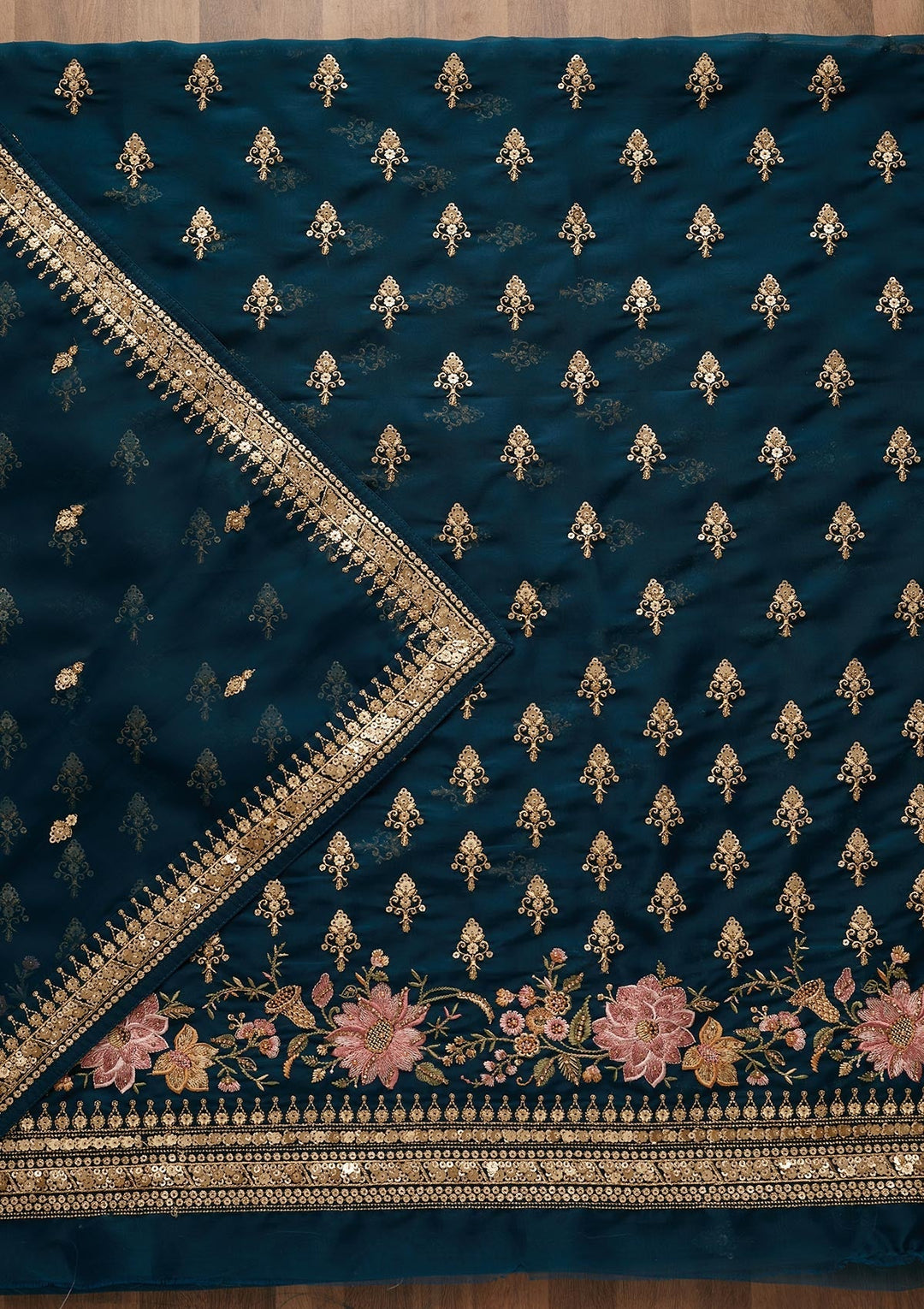 Peacock Blue Threadwork Georgette Unstitched Salwar Suit-Koskii